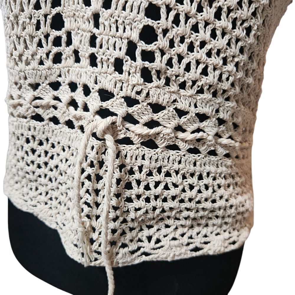 Vintage Crochet Shirt S M Cardigan Ivory Ecru Doily Scallop Loose Weave V Neck - Picture 7 of 10